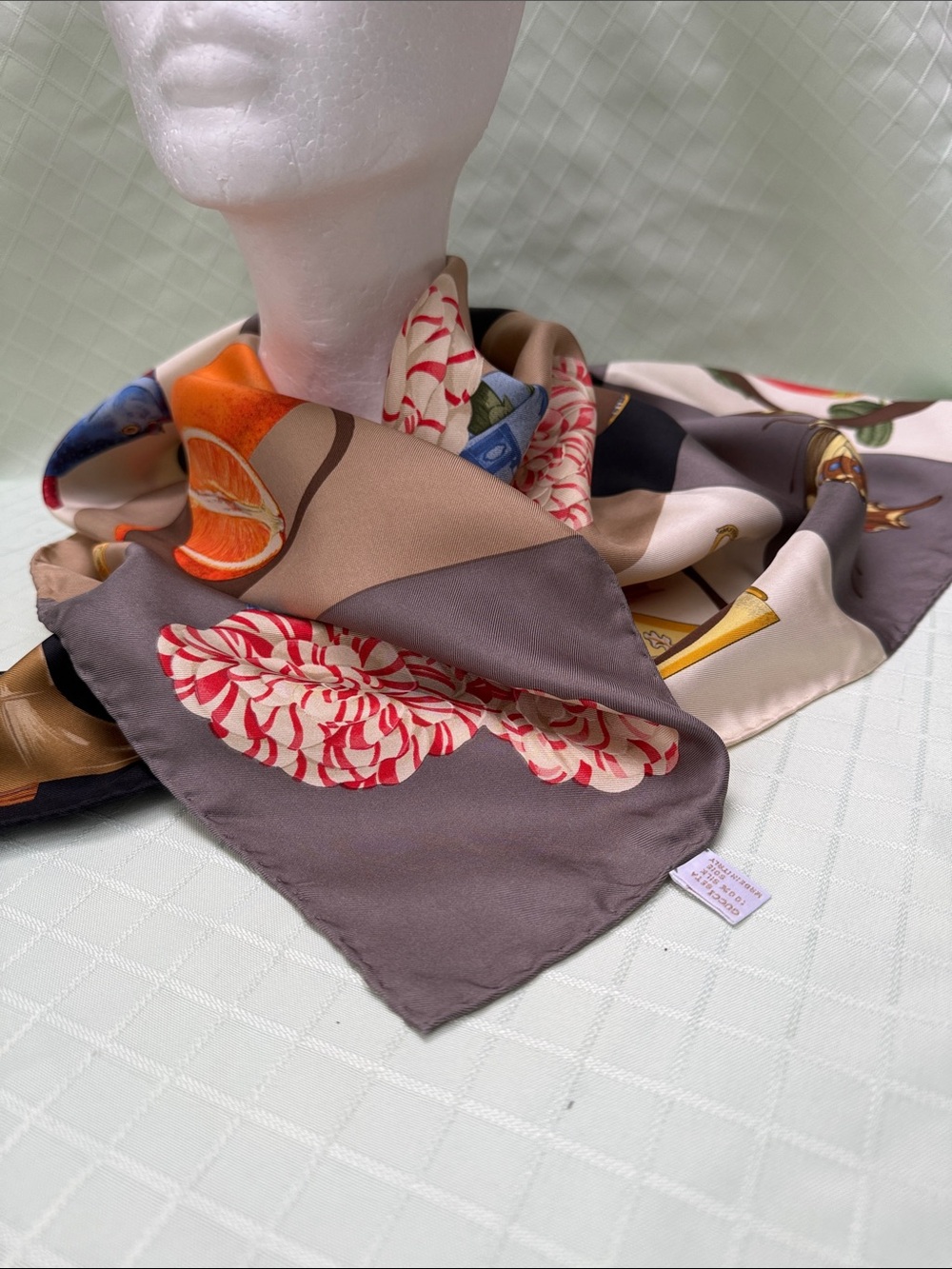 Gucci Vintage Multicolor Silk Scarf in Beige, Brown, Black, Red & Blue - Picture 14 of 14